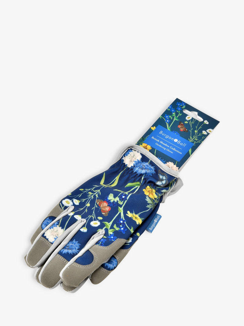 British Meadow Gloves: women's gardening gloves with a wildflower and butterfly print, cushioned palm, and gathered wrist