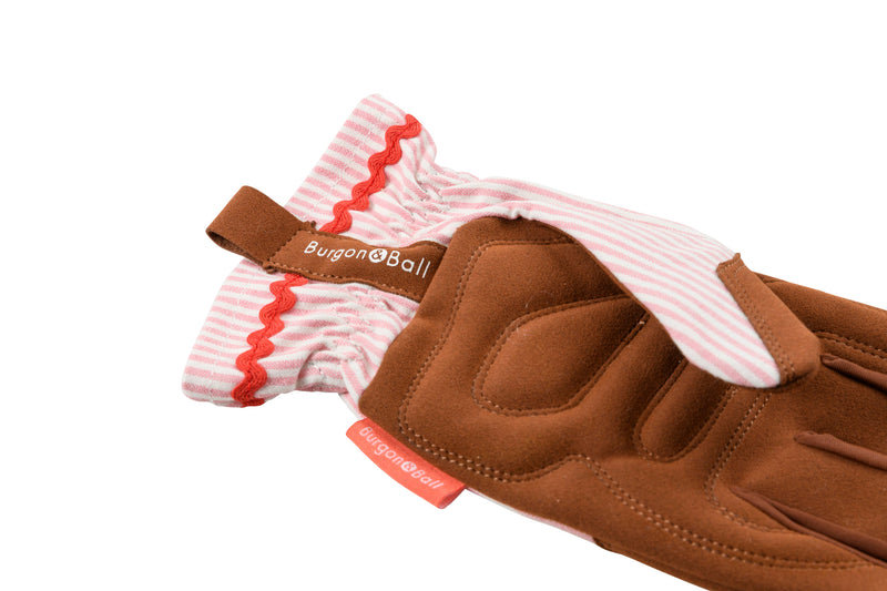 Collector Gloves Blush Stripe: women's country cottage gardening gloves with a padded palm and ric rac trim