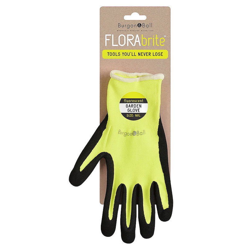 FloraBrite® Yellow Garden Gloves M/L: fluorescent yellow gardening gloves with nitrile-coated grip and a glow-in-torchlight logo
