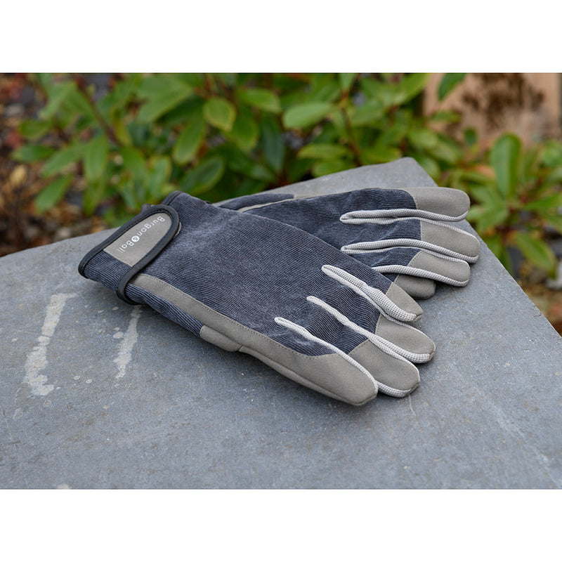 Dig The Glove Country Cord L/XL: men's corduroy gardening gloves with a padded palm, leather trim, and wrist strap