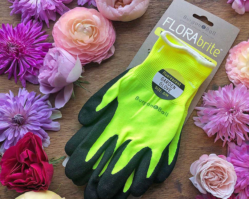 FloraBrite® Yellow Garden Gloves M/L: fluorescent yellow gardening gloves with nitrile-coated grip and a glow-in-torchlight logo