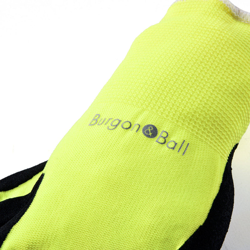 FloraBrite® Yellow Garden Gloves M/L: fluorescent yellow gardening gloves with nitrile-coated grip and a glow-in-torchlight logo