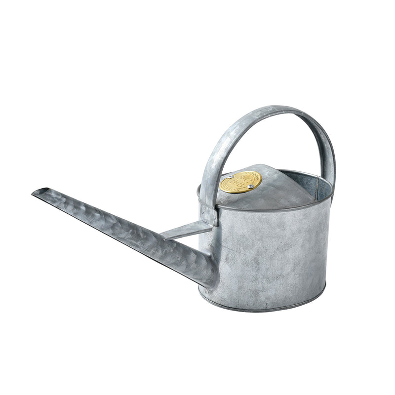 A small galvanised steel watering can with a curved body and a slender spout, featuring a rust-resistant finish.