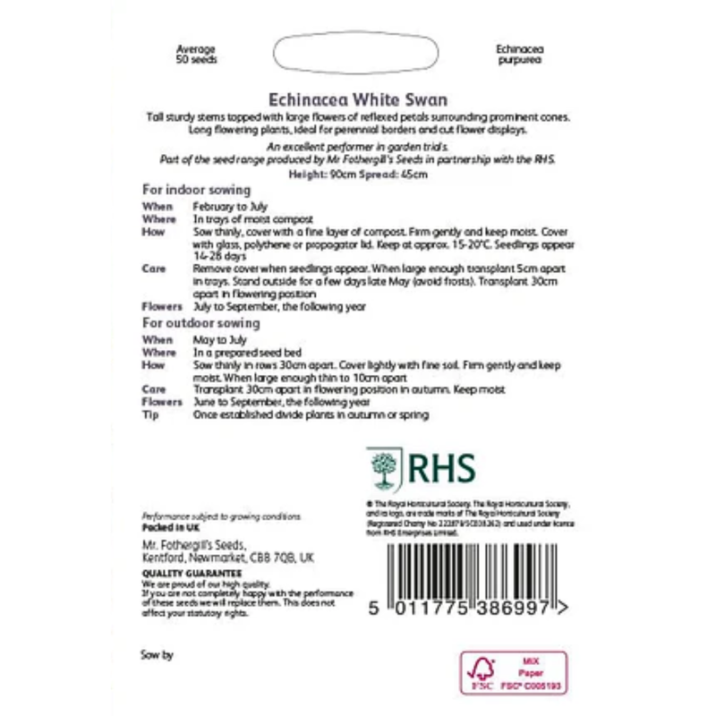 RHS Echinacea White Swan Seeds 50 Seeds, Hardy Perennial White Coneflower