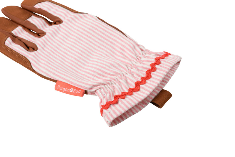 Collector Gloves Blush Stripe: women's country cottage gardening gloves with a padded palm and ric rac trim
