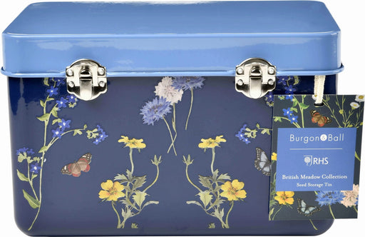 British Meadow Seed Storage Tin by Burgon & Ball – 3 Compartment Steel Storage with RHS Lindley Collection Artwork | Seed Storage | 5019360202196 5019360202196 | AllotMate Essentials