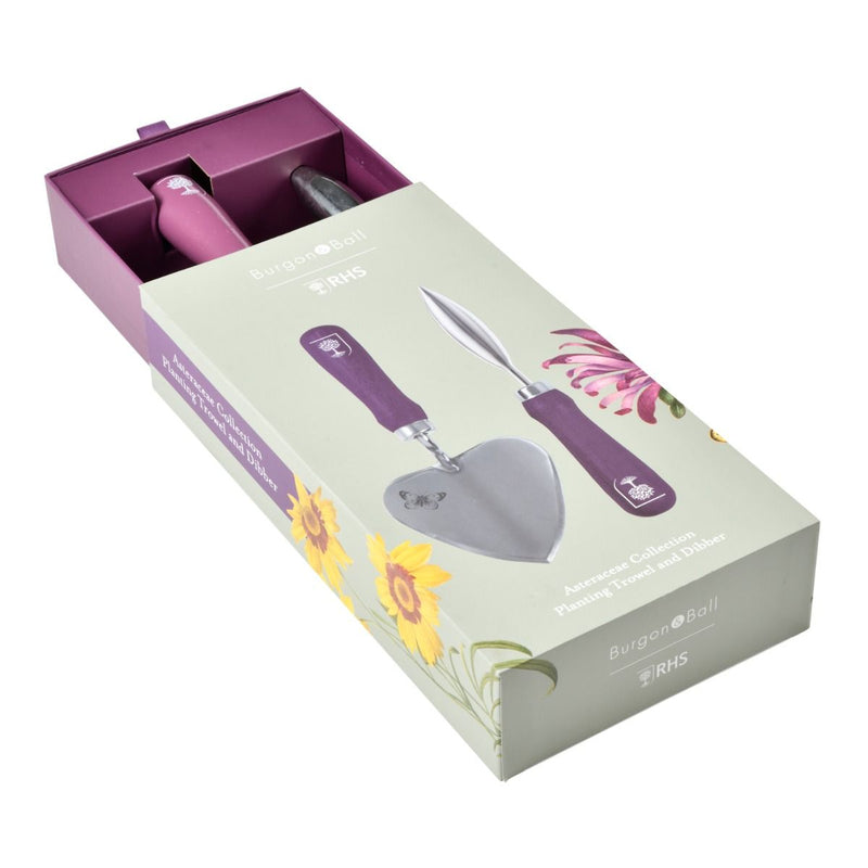Planting Trowel & Dibber - RHS Gift Set with Asteraceae Design | FSC Tools by Burgon & Ball | Trowel and Dibber | GRH/PTDIBASTER 5019360203872 | AllotMate Essentials