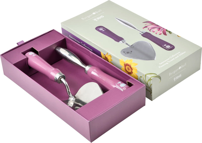 Planting Trowel & Dibber - RHS Gift Set with Asteraceae Design | FSC Tools by Burgon & Ball | Trowel and Dibber | GRH/PTDIBASTER 5019360203872 | AllotMate Essentials