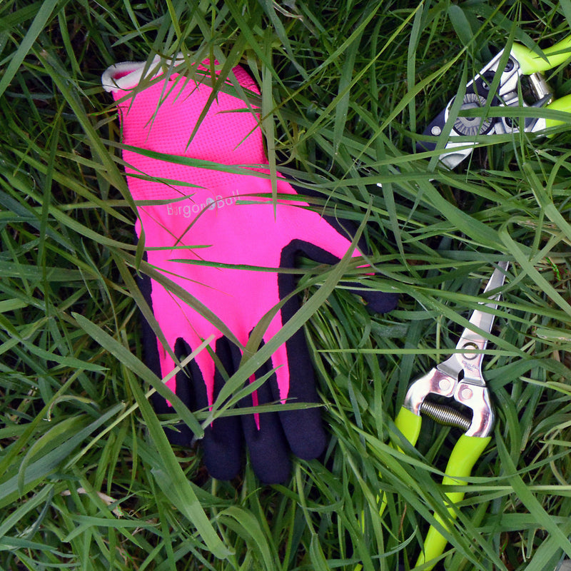 FloraBrite® Pink Garden Gloves S/M: fluorescent pink gardening gloves with nitrile-coated grip and a glow-in-torchlight logo