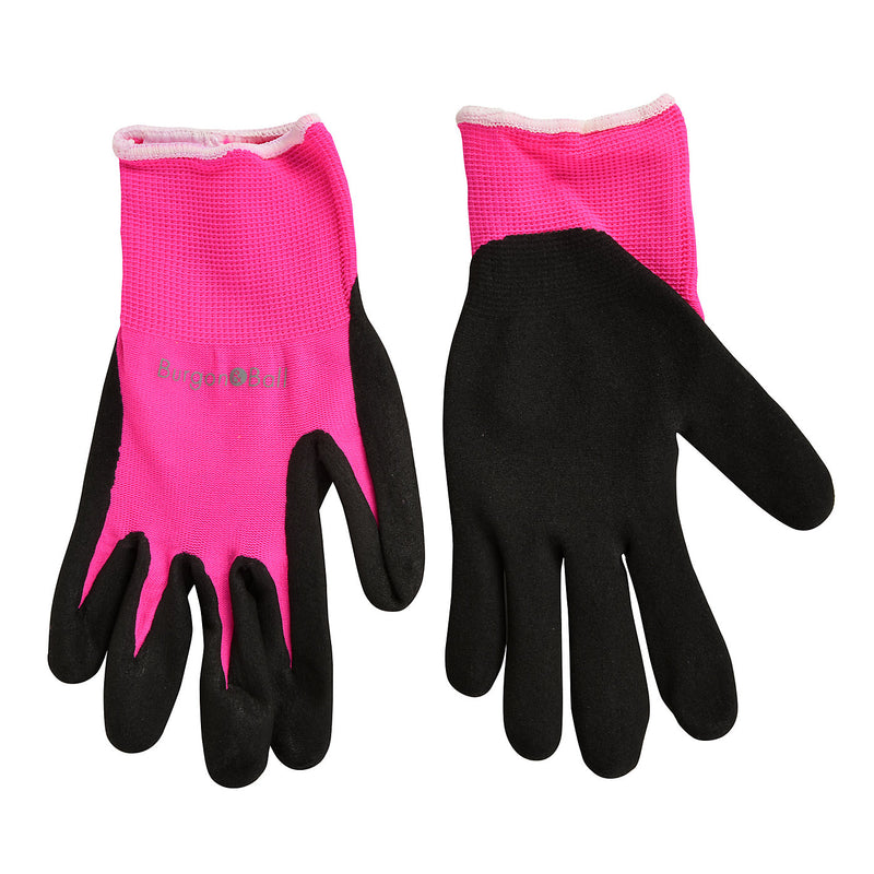 FloraBrite® Pink Garden Gloves S/M: fluorescent pink gardening gloves with nitrile-coated grip and a glow-in-torchlight logo