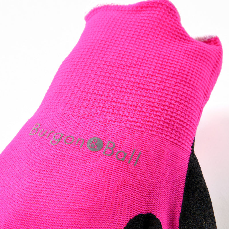 FloraBrite® Pink Garden Gloves S/M: fluorescent pink gardening gloves with nitrile-coated grip and a glow-in-torchlight logo