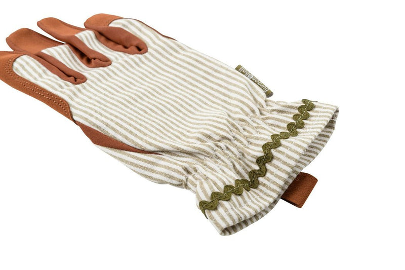 Collector Gloves Olive Stripe: women's country cottage gardening gloves with a padded palm and ric rac trim | Gift Gloves | 5019360204800 5019360204800 | AllotMate Essentials