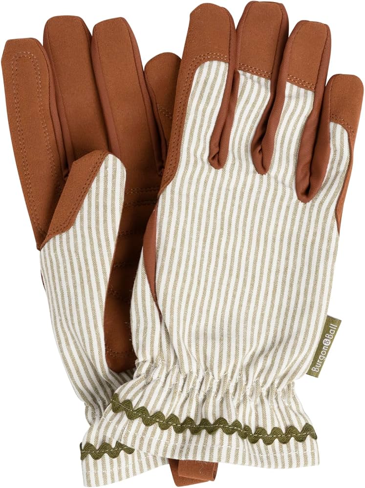 Collector Gloves Olive Stripe: women's country cottage gardening gloves with a padded palm and ric rac trim | Gift Gloves | 5019360204800 5019360204800 | AllotMate Essentials