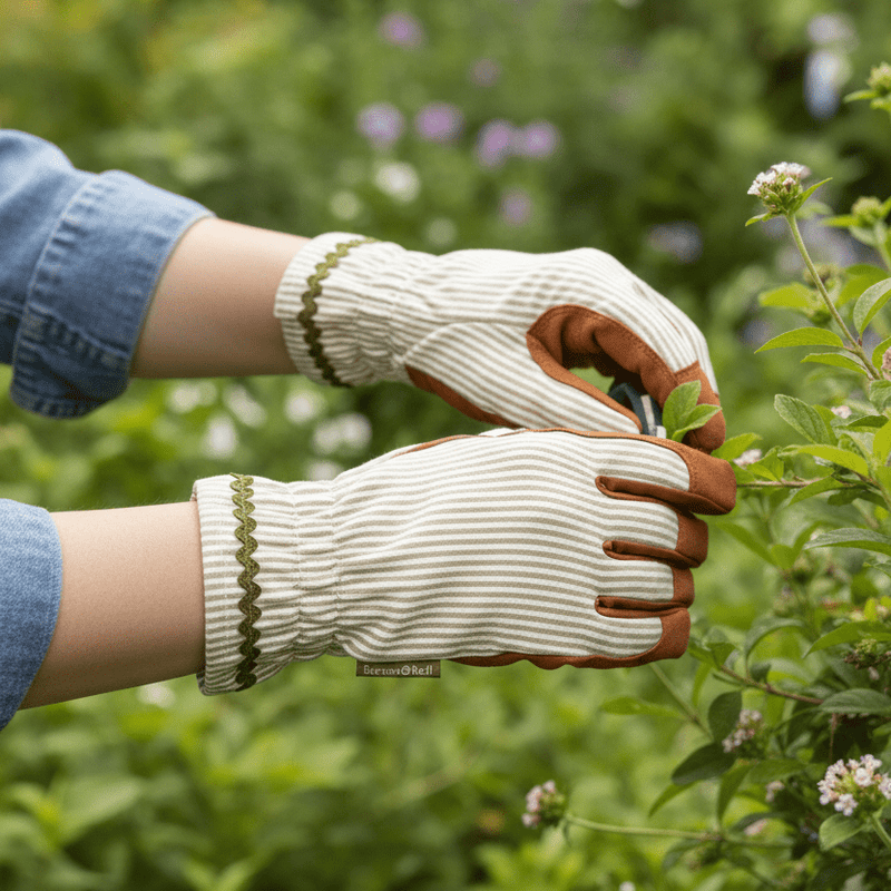 Collector Gloves Olive Stripe: women's country cottage gardening gloves with a padded palm and ric rac trim | Gift Gloves | 5019360204800 5019360204800 | AllotMate Essentials