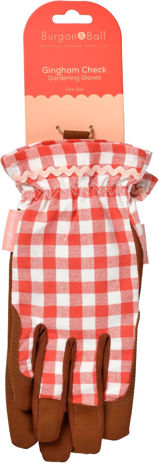 Collector Gloves Red Check: women's country cottage gardening gloves with a padded palm and ric rac trim | Gift Gloves | 5019360204787 5019360204787 | AllotMate Essentials