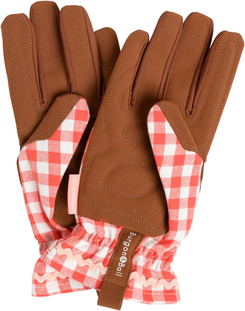 Collector Gloves Red Check: women's country cottage gardening gloves with a padded palm and ric rac trim | Gift Gloves | 5019360204787 5019360204787 | AllotMate Essentials