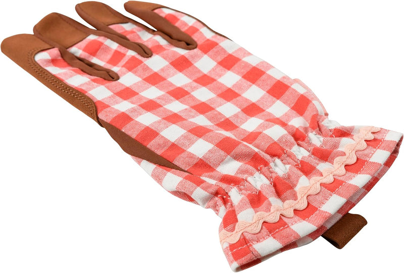 Collector Gloves Red Check: women's country cottage gardening gloves with a padded palm and ric rac trim | Gift Gloves | 5019360204787 5019360204787 | AllotMate Essentials