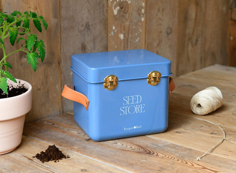Collector Mini Seed Store in Cotswold Blue by Burgon & Ball – Compact Steel Seed Tin with Leather Handles | Seed Storage Tin | 5019360204893 5019360204893 | AllotMate Essentials