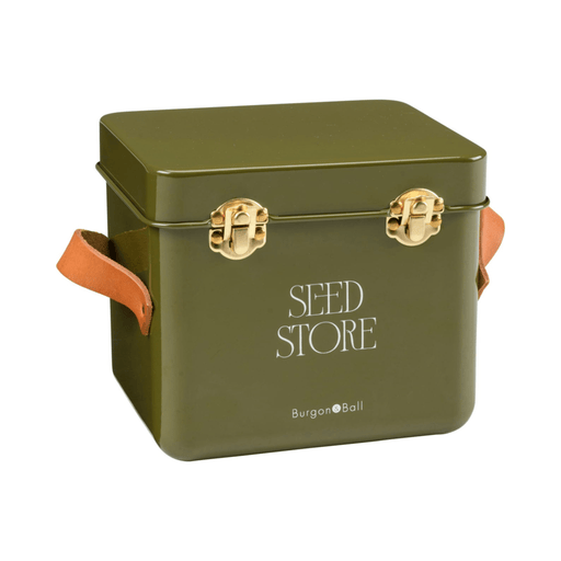 Collector Mini Seed Store in Olive by Burgon & Ball – Compact Steel Seed Tin with Leather Handles | Seed Storage Tin | 5019360204909 5019360204909 | AllotMate Essentials