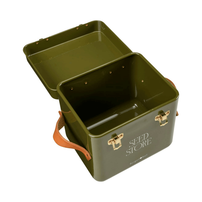 Collector Mini Seed Store in Olive by Burgon & Ball – Compact Steel Seed Tin with Leather Handles | Seed Storage Tin | 5019360204909 5019360204909 | AllotMate Essentials