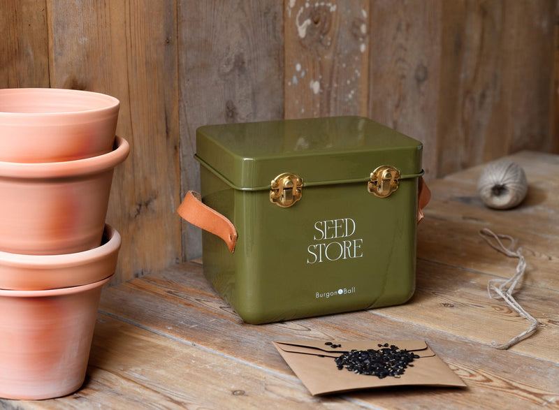 Collector Mini Seed Store in Olive by Burgon & Ball – Compact Steel Seed Tin with Leather Handles | Seed Storage Tin | 5019360204909 5019360204909 | AllotMate Essentials
