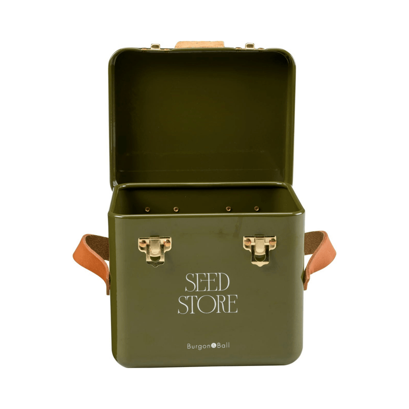 Collector Mini Seed Store in Olive by Burgon & Ball – Compact Steel Seed Tin with Leather Handles | Seed Storage Tin | 5019360204909 5019360204909 | AllotMate Essentials