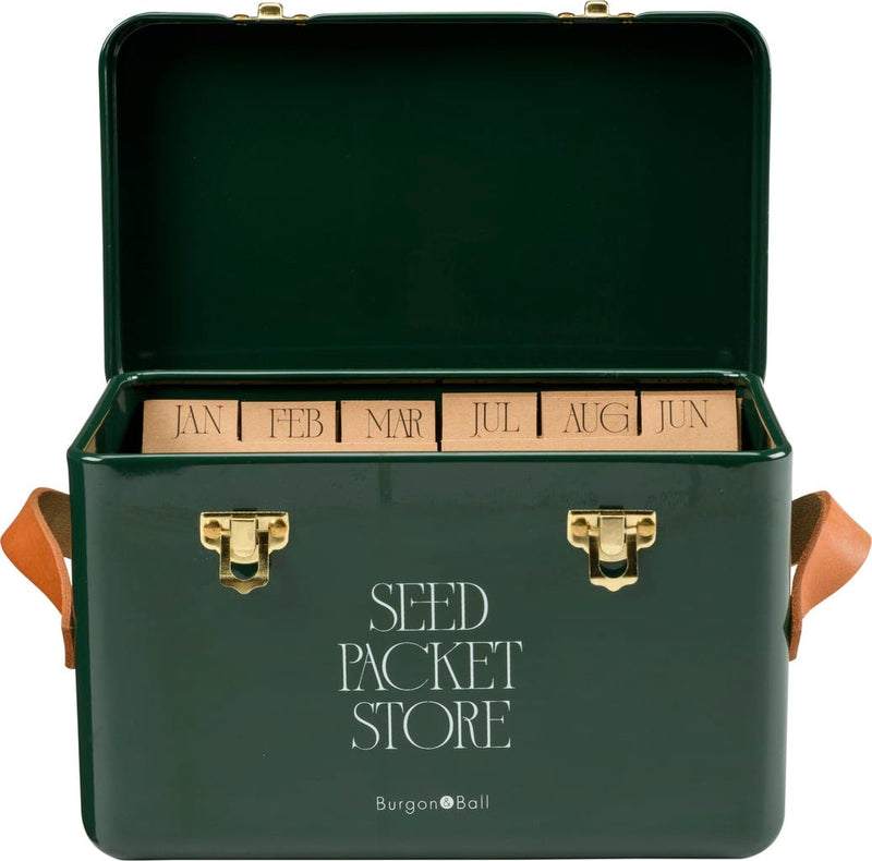 Collector Seed Packet Store in Heritage Green by Burgon & Ball – 3 Compartment Steel Tin with Leather Handles | Seed Storage Tin | 5019360204886 5019360204886 | AllotMate Essentials