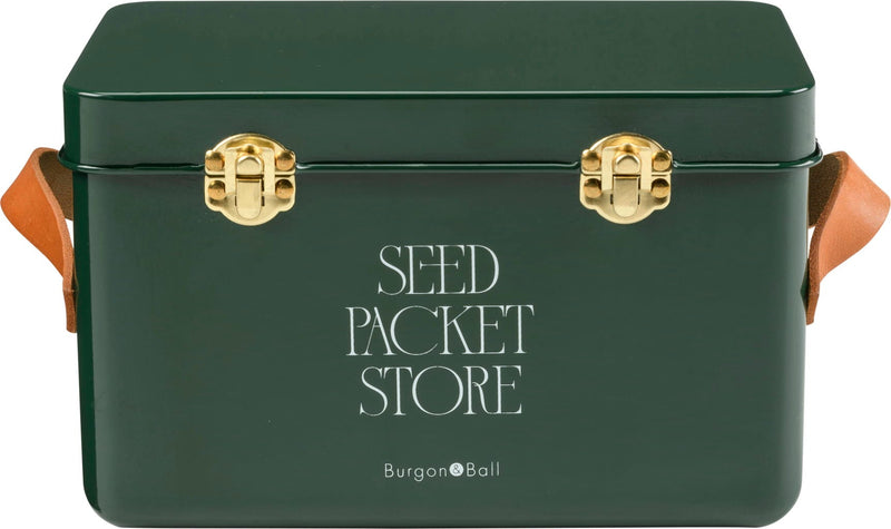 Collector Seed Packet Store in Heritage Green by Burgon & Ball – 3 Compartment Steel Tin with Leather Handles | Seed Storage Tin | 5019360204886 5019360204886 | AllotMate Essentials