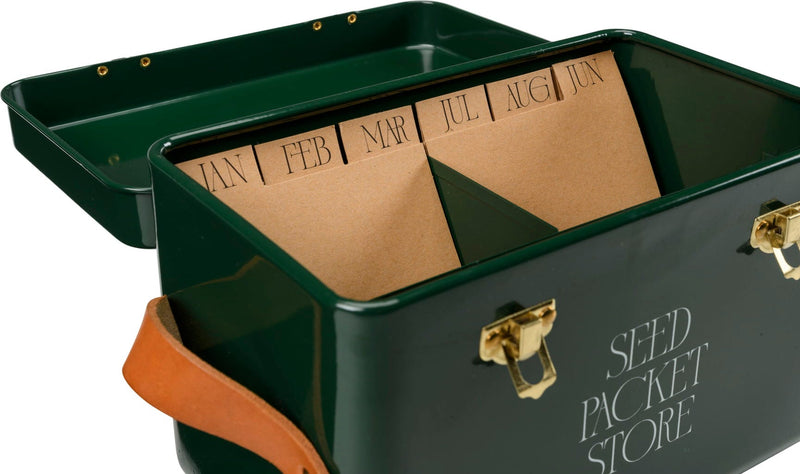 Collector Seed Packet Store in Heritage Green by Burgon & Ball – 3 Compartment Steel Tin with Leather Handles | Seed Storage Tin | 5019360204886 5019360204886 | AllotMate Essentials