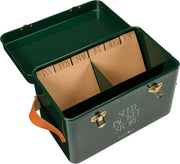 Collector Seed Packet Store in Heritage Green by Burgon & Ball – 3 Compartment Steel Tin with Leather Handles | Seed Storage Tin | 5019360204886 5019360204886 | AllotMate Essentials