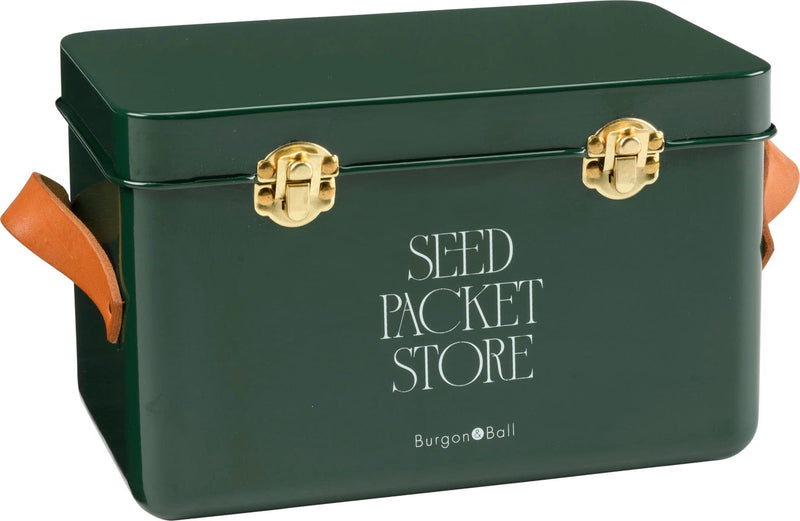 Collector Seed Packet Store in Heritage Green by Burgon & Ball – 3 Compartment Steel Tin with Leather Handles | Seed Storage Tin | 5019360204886 5019360204886 | AllotMate Essentials