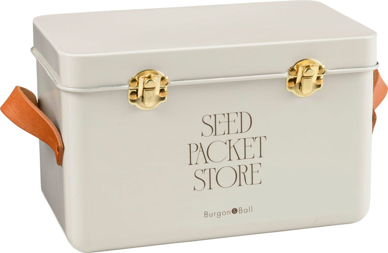 Collector Seed Packet Store in Mushroom by Burgon & Ball – 3 Compartment Steel Tin with Leather Handles | Seed Storage Tin | 5019360204879 5019360204879 | AllotMate Essentials