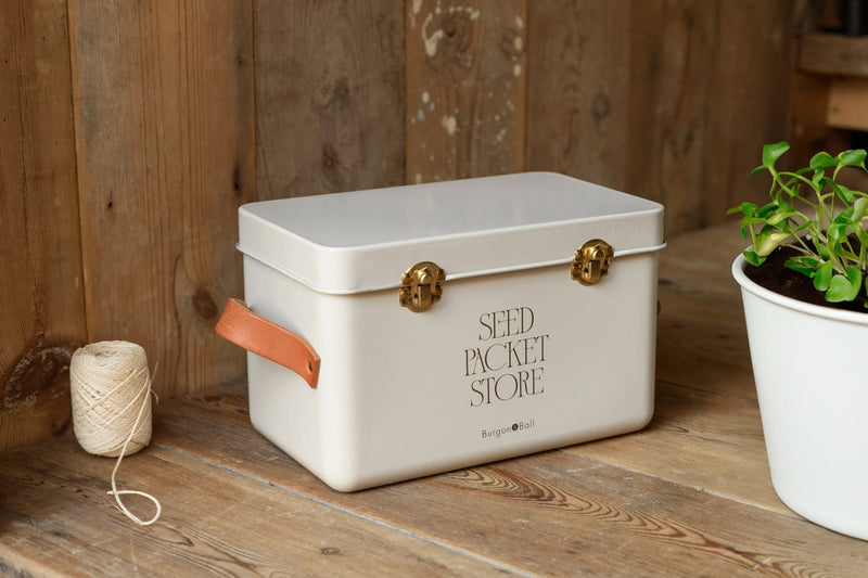 Collector Seed Packet Store in Mushroom by Burgon & Ball – 3 Compartment Steel Tin with Leather Handles | Seed Storage Tin | 5019360204879 5019360204879 | AllotMate Essentials