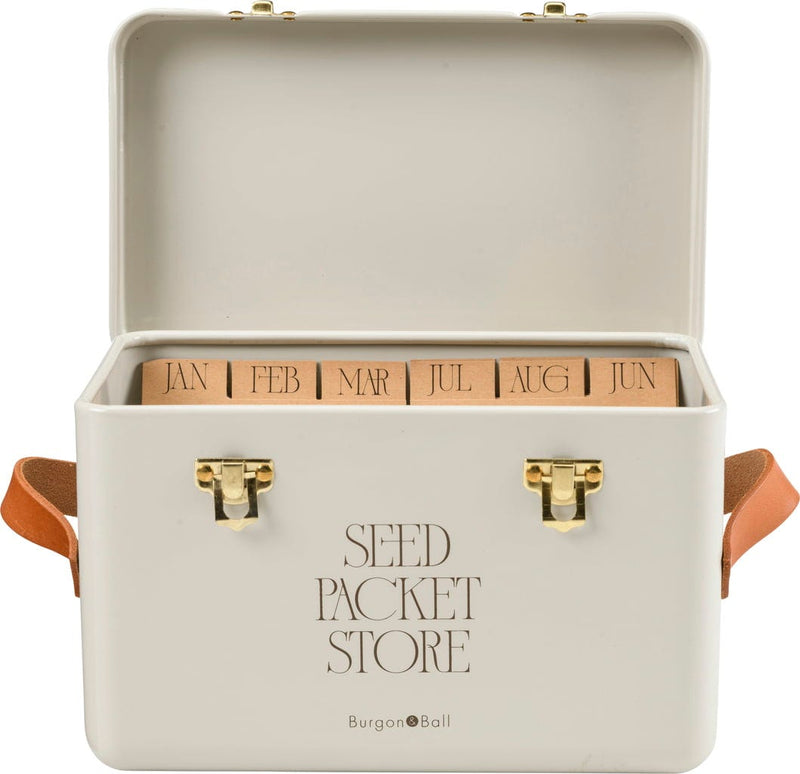 Collector Seed Packet Store in Mushroom by Burgon & Ball – 3 Compartment Steel Tin with Leather Handles | Seed Storage Tin | 5019360204879 5019360204879 | AllotMate Essentials