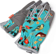 Flora and Fauna Gloves: women's gardening gloves with a botanical songbird and foliage print, cushioned palm, and gathered wrist | Gift Gloves | 5019360013204 5019360013204 | AllotMate Essentials