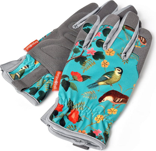 Flora and Fauna Gloves: women's gardening gloves with a botanical songbird and foliage print, cushioned palm, and gathered wrist | Gift Gloves | 5019360013204 5019360013204 | AllotMate Essentials