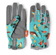 Flora and Fauna Gloves: women's gardening gloves with a botanical songbird and foliage print, cushioned palm, and gathered wrist | Gift Gloves | 5019360013204 5019360013204 | AllotMate Essentials