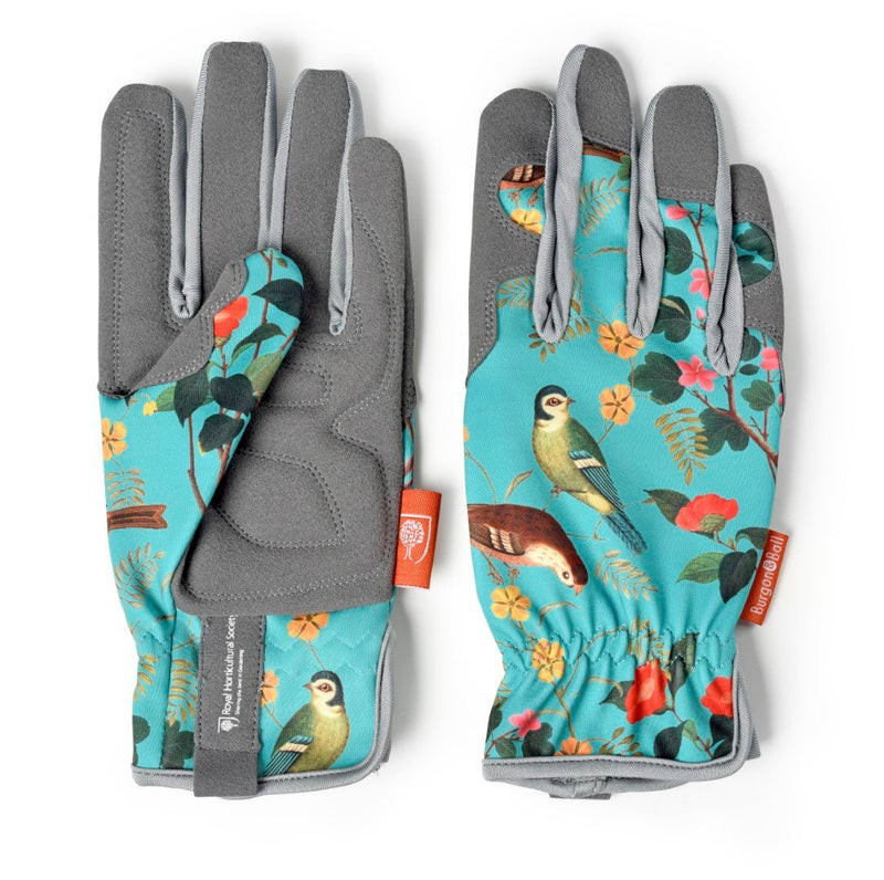 Flora and Fauna Gloves: women's gardening gloves with a botanical songbird and foliage print, cushioned palm, and gathered wrist | Gift Gloves | 5019360013204 5019360013204 | AllotMate Essentials