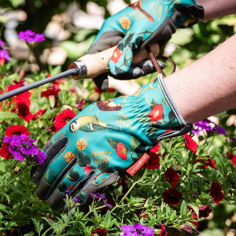 Flora and Fauna Gloves: women's gardening gloves with a botanical songbird and foliage print, cushioned palm, and gathered wrist | Gift Gloves | 5019360013204 5019360013204 | AllotMate Essentials