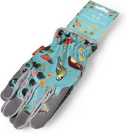 Flora and Fauna Gloves: women's gardening gloves with a botanical songbird and foliage print, cushioned palm, and gathered wrist | Gift Gloves | 5019360013204 5019360013204 | AllotMate Essentials