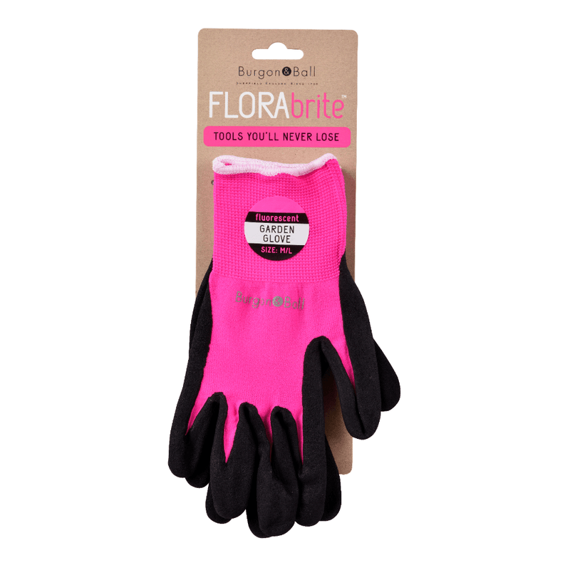 FloraBrite® Pink Garden Gloves M/L: fluorescent pink gardening gloves with nitrile-coated grip and a glow-in-torchlight logo | Multi-Task Gloves | 501960013181 5019360013181 | AllotMate Essentials
