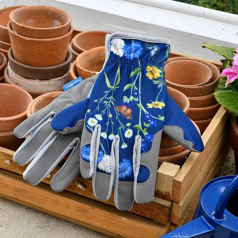 British Meadow Gloves: women's gardening gloves with a wildflower and butterfly print, cushioned palm, and gathered wrist