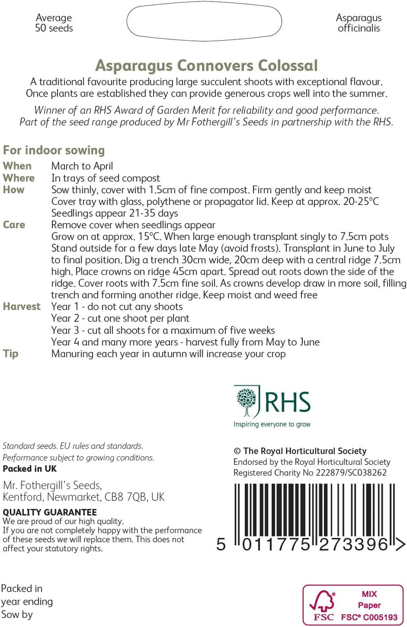 Mr Fothergills RHS Asparagus Connover's Colossal Seeds AGM Heritage Perennial | Vegetable Seeds | 5011775273396 5011775273396 | AllotMate Essentials