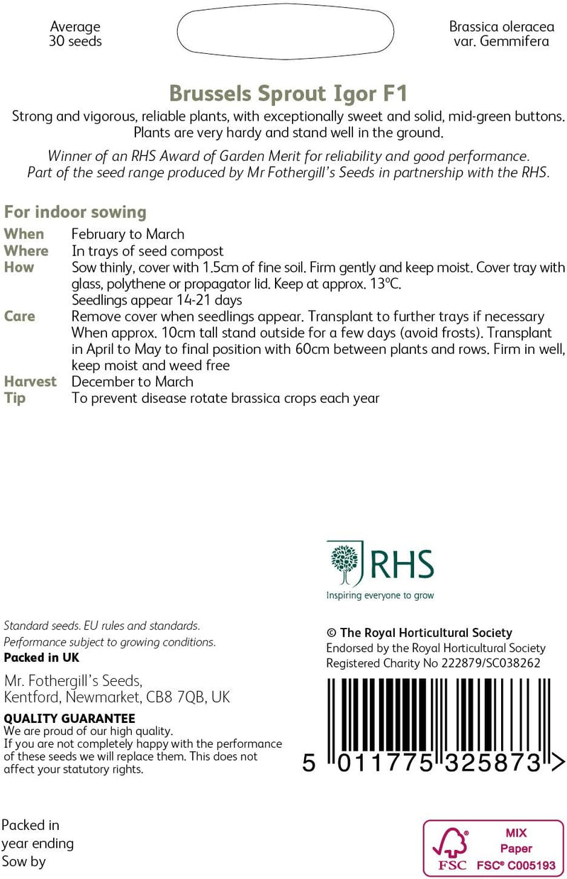 Mr Fothergills RHS Brussels Sprout Igor F1 Seeds AGM Sweet Winter Crop | Vegetable Seeds | 5011775325873 5011775325873 | AllotMate Essentials