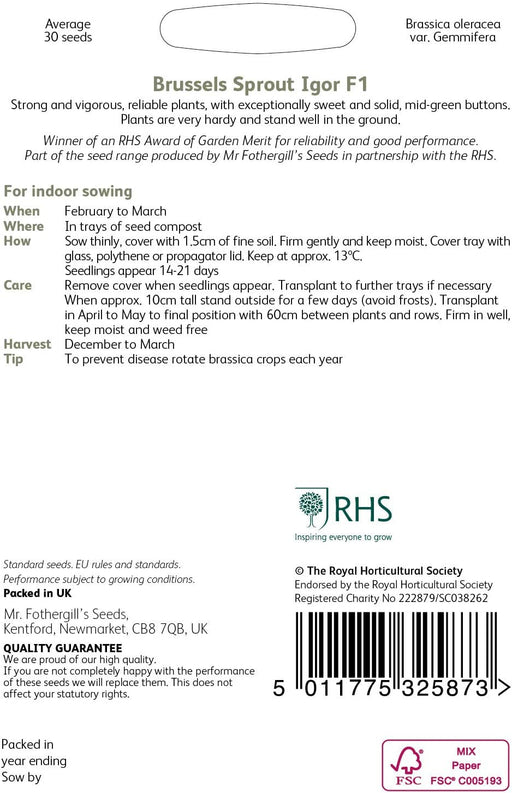Mr Fothergills RHS Brussels Sprout Igor F1 Seeds AGM Sweet Winter Crop | Vegetable Seeds | 5011775325873 5011775325873 | AllotMate Essentials