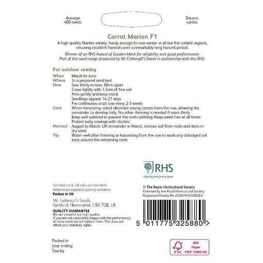 Mr Fothergill's RHS Carrot Marion F1 Seeds, Nantes Variety, High Yield Vegetable Seeds | Vegetable Seeds | 5011775325880 5011775325880 | AllotMate Essentials