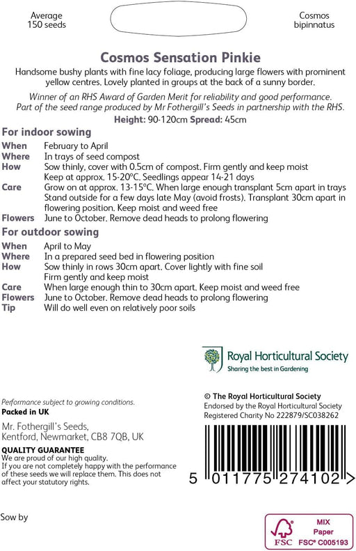 Mr Fothergill’s RHS Cosmos Sensation Pinkie Seeds 150 Seeds, Tall Pink Half Hardy Annual Flower | Flower Seeds | 5011775274102 5011775274102 | AllotMate Essentials