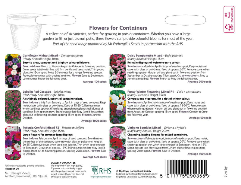RHS Flowers for Containers – Patio & Balcony - Friendly Bloom Mix | Mr Fothergill’s | Flower Seeds | 29035 5011775290355 | AllotMate Essentials