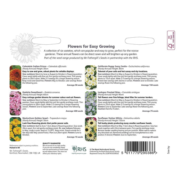 Mr Fothergill’s RHS Flowers for Easy Growing Seed Collection - Flower Seeds - AllotMate Essentials - 30099 - 5011775290386