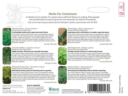 RHS Herbs for Containers – Grow Your Own Herb Seed Kit | Mr Fothergill’s | Herbs | 29855 5011775290430 | AllotMate Essentials